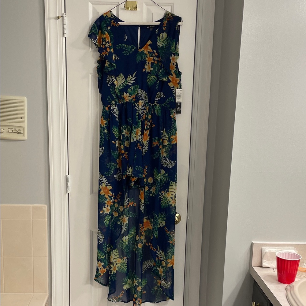 Tropical Floral Maxi Dress in Blue and Orange